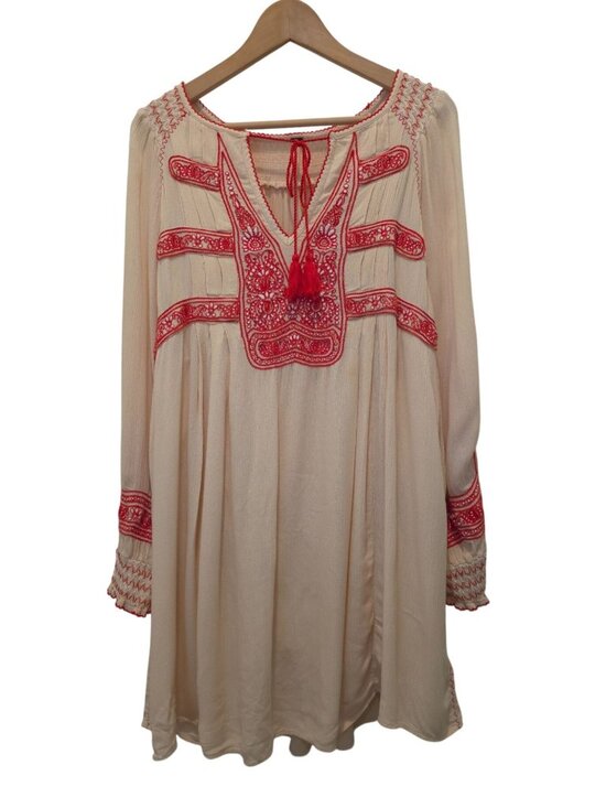 Free People Dresses & Skirts - Free People Wind Willow Red Embroidered Ivory Boho Tunic Mini Dress Sz L